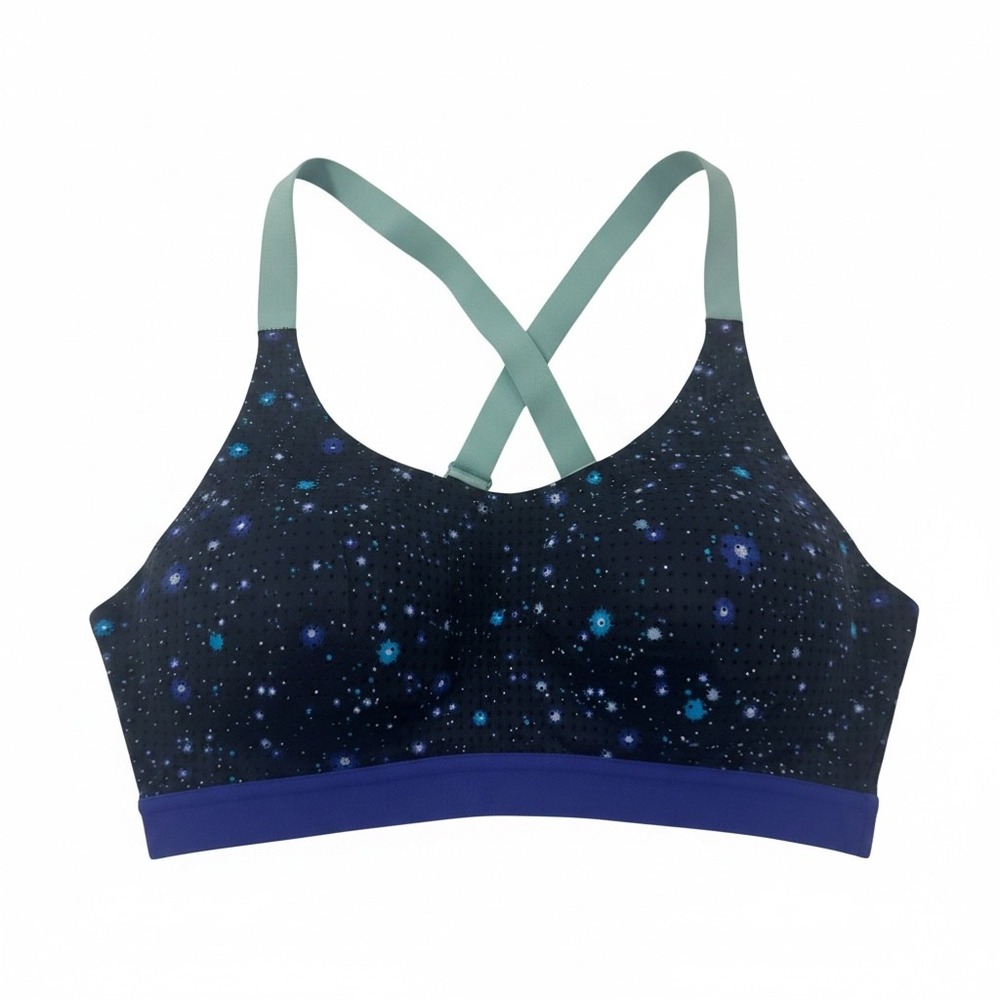 Brooks Sports Bra Womens 32D Blue Galaxy Star Print High Impact Crossback Straps